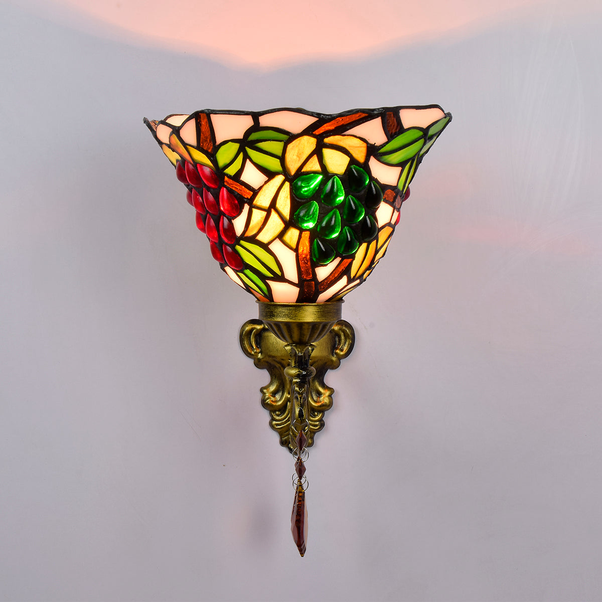 Stained Glass Wall Sconce with Grapes and Aged Brass