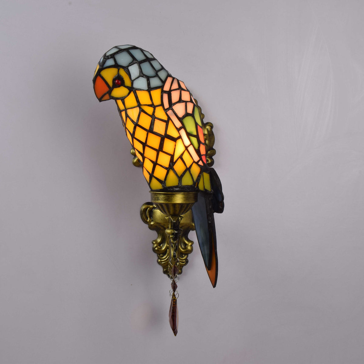 Parrot Wall Sconce in Tiffany Glass and Gilded Brass