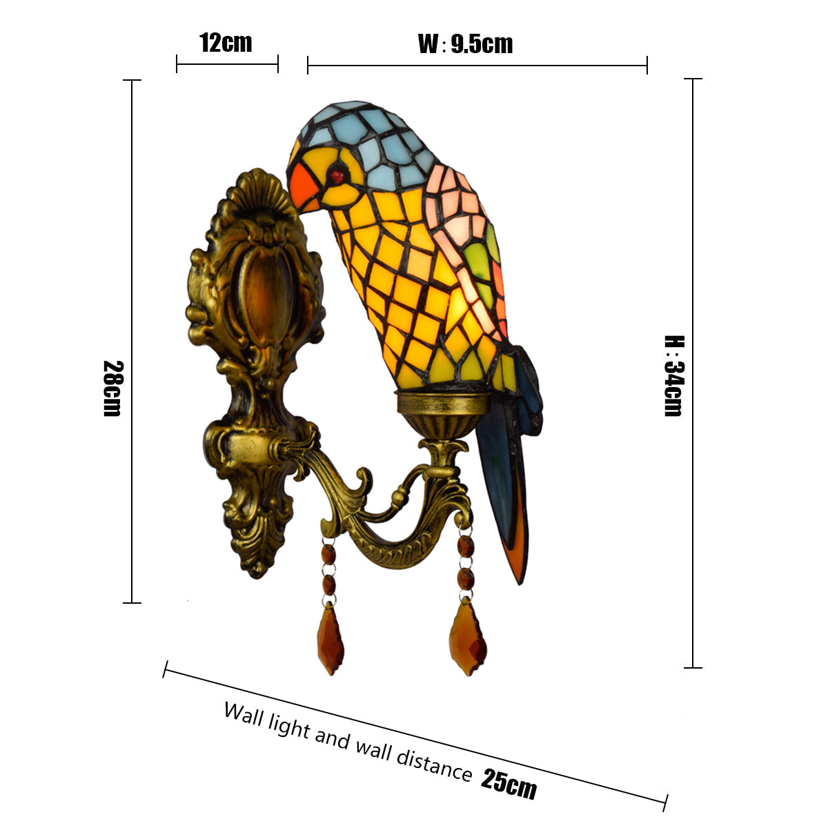 Parrot Wall Sconce in Tiffany Glass and Gilded Brass