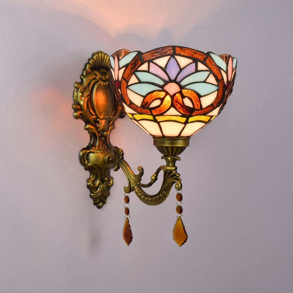 Floral Stained Glass Wall Sconce with Crystals