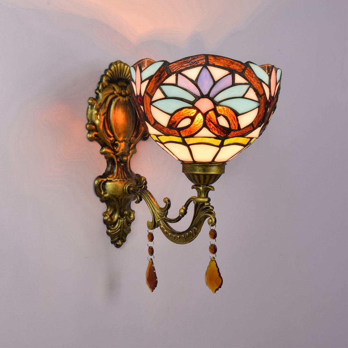 Floral Stained Glass Wall Sconce with Crystals