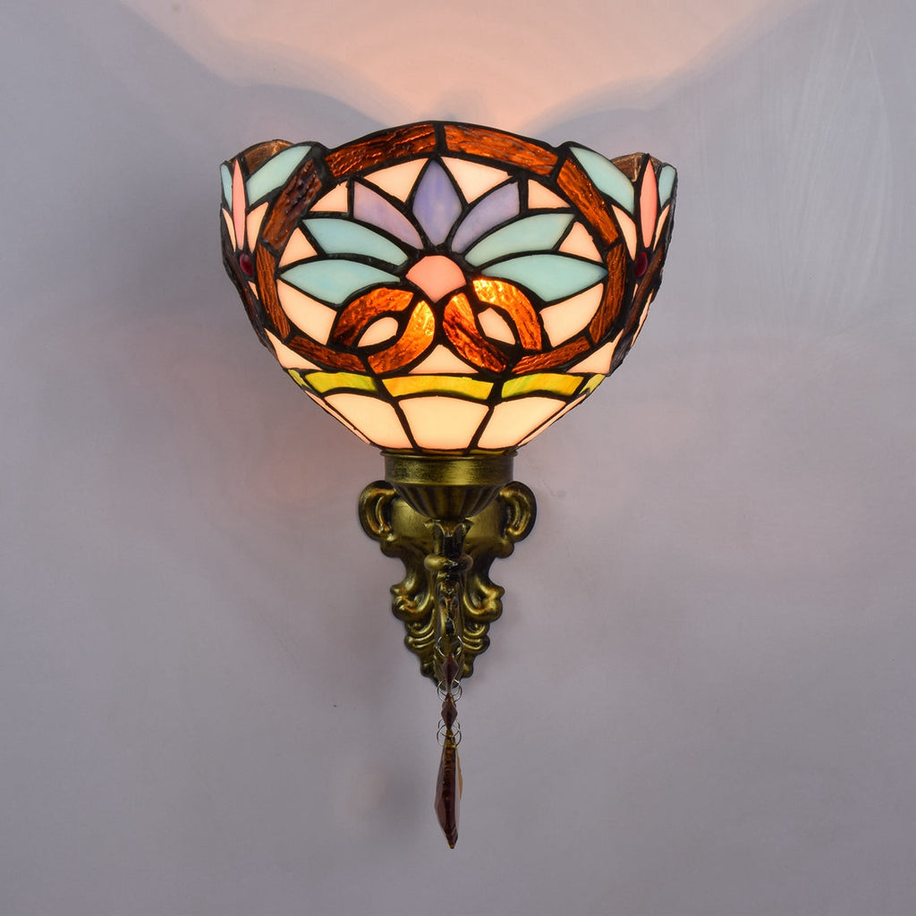 Floral Stained Glass Wall Sconce with Crystals