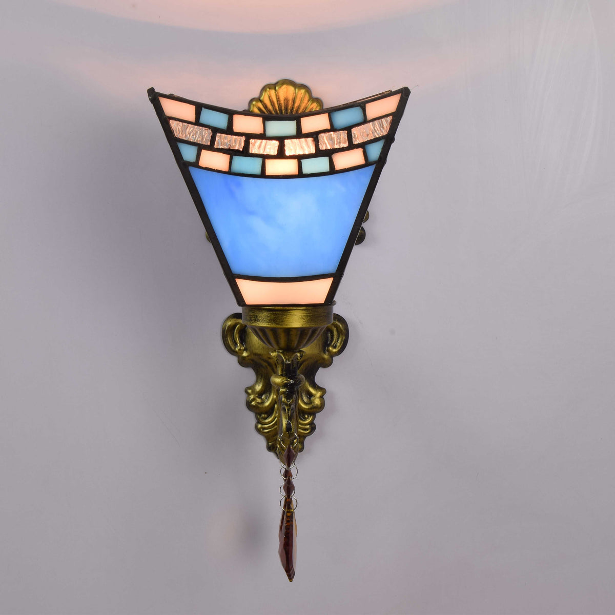 Tiffany Style Wall Sconce in Bronze and Blue Stained Glass