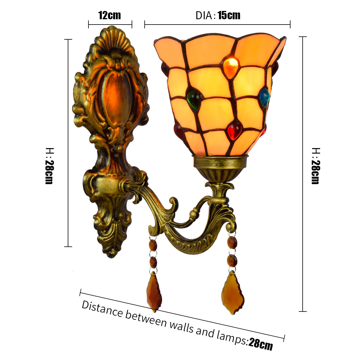 Tiffany Style Wall Sconce in Gold Metal and Crystals