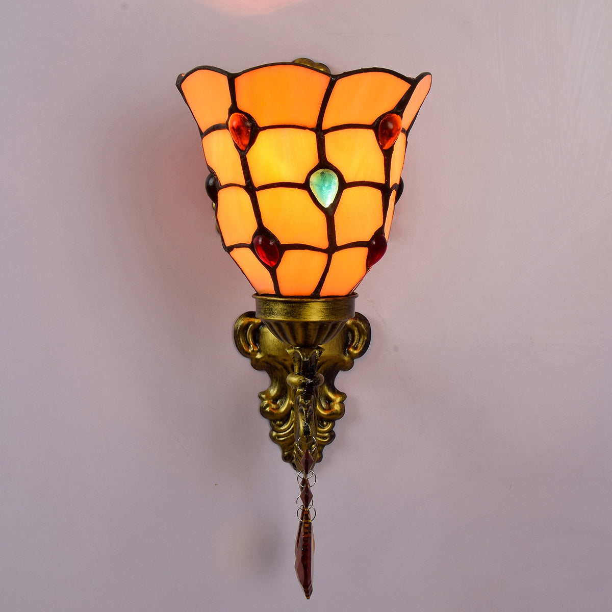 Tiffany Style Wall Sconce in Gold Metal and Crystals