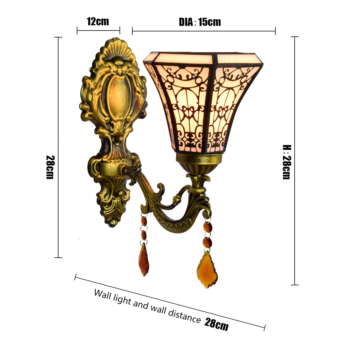 Tiffany-Style Wall Sconce in Gold-Plated Metal and Glass with Pendants