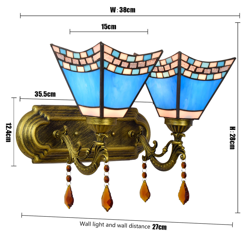 Double Wall Sconce in Blue Bronze Tiffany Glass