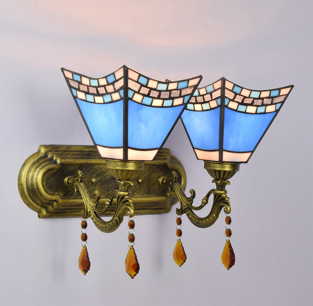Double Wall Sconce in Blue Bronze Tiffany Glass