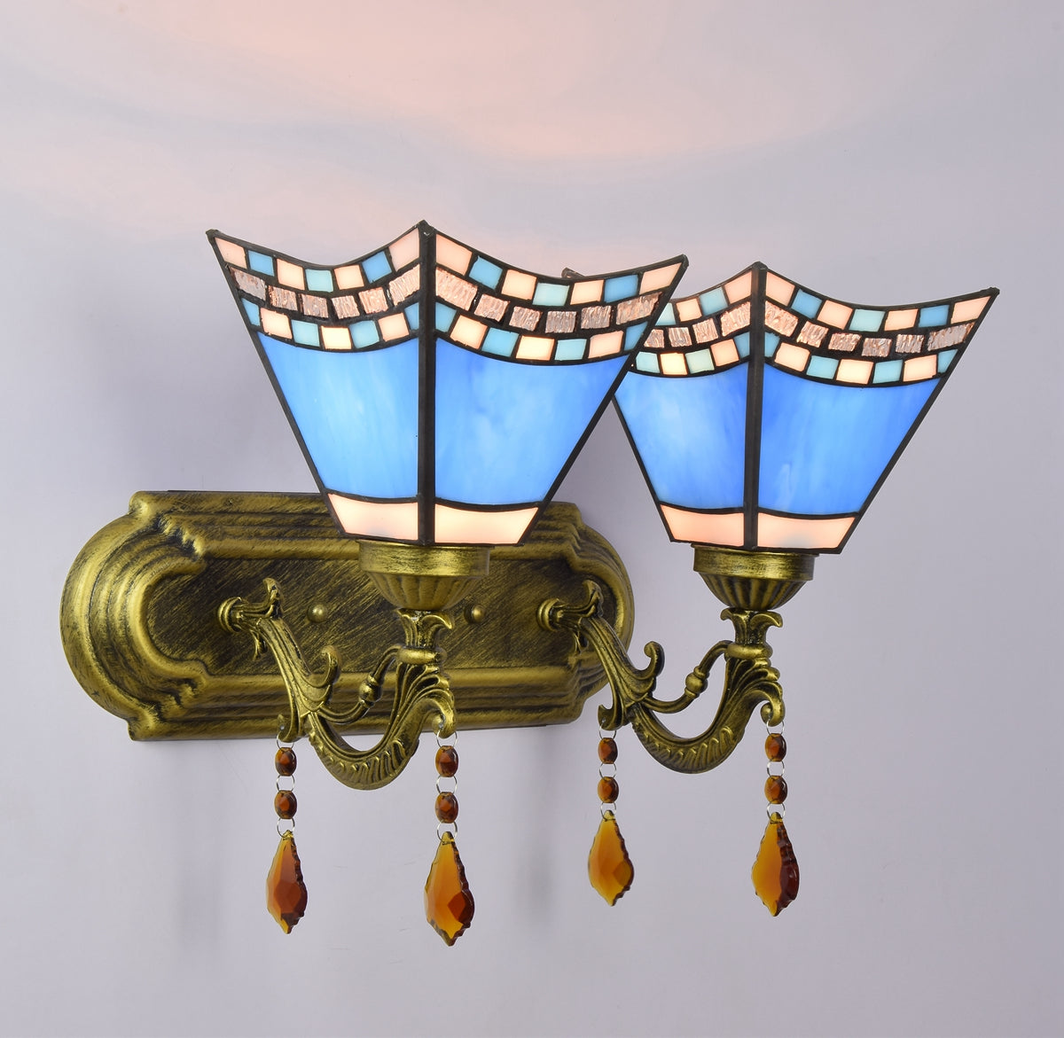 Double Wall Sconce in Blue Bronze Tiffany Glass
