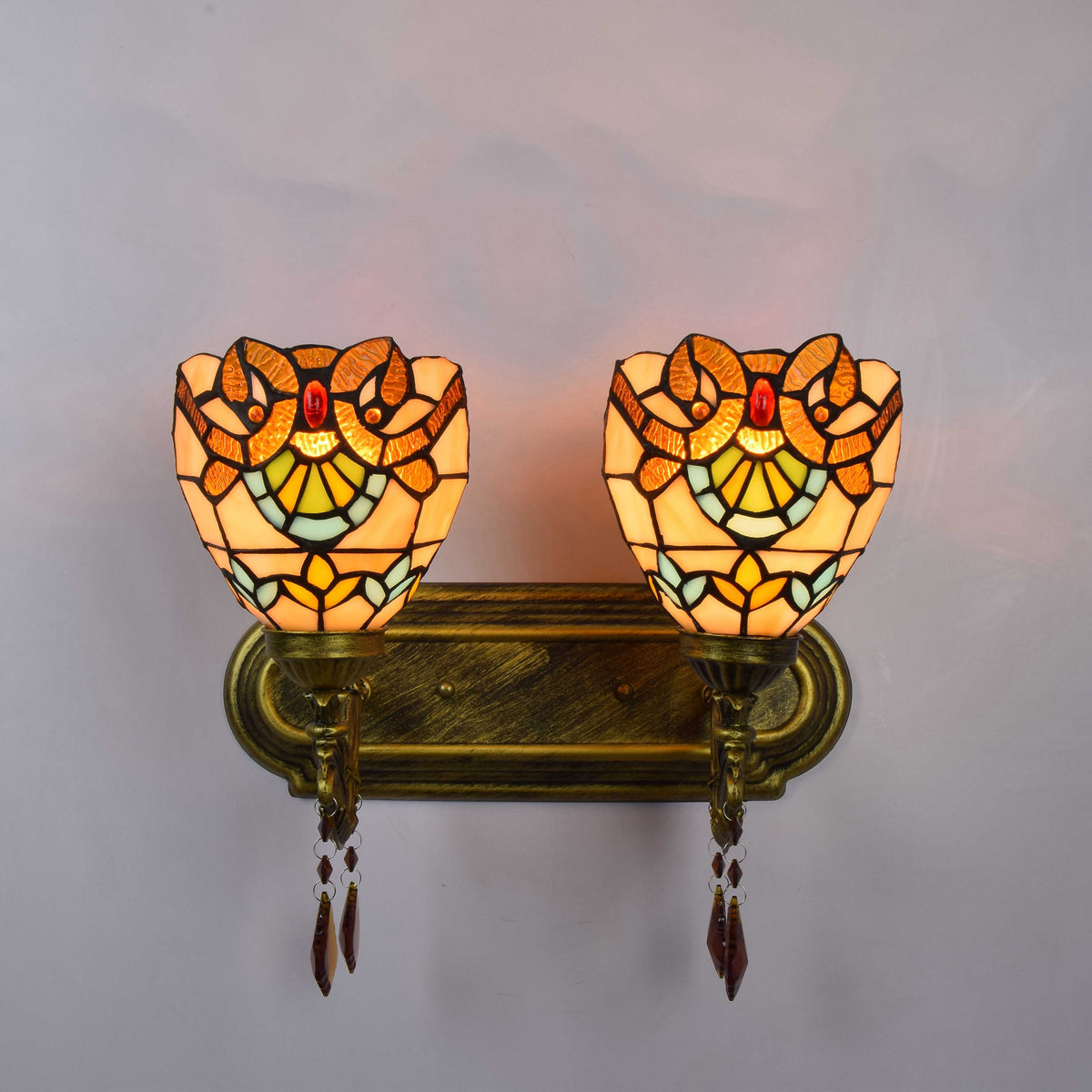 Tiffany Wall Sconce with Multicolored Stained Glass and Pendants