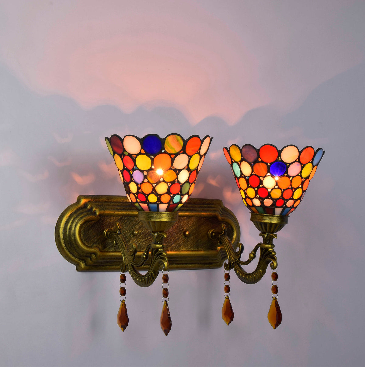 Double Wall Sconce with Multicolor Mosaic, Antique Brass
