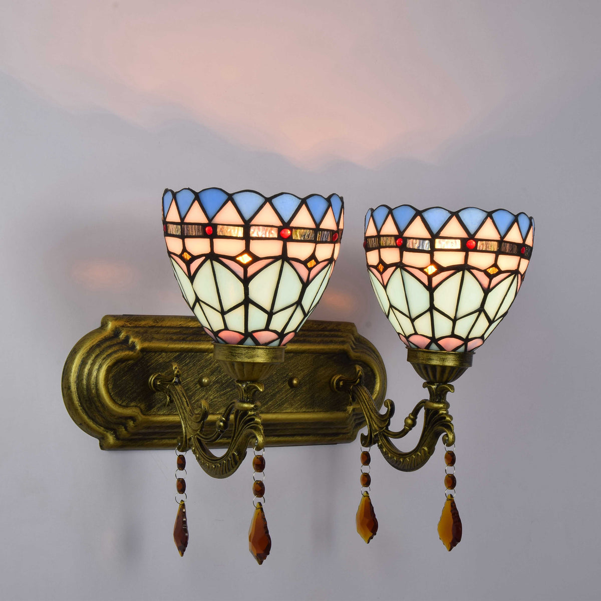 Tiffany Style Wall Sconce in Blue Glass and Aged Bronze