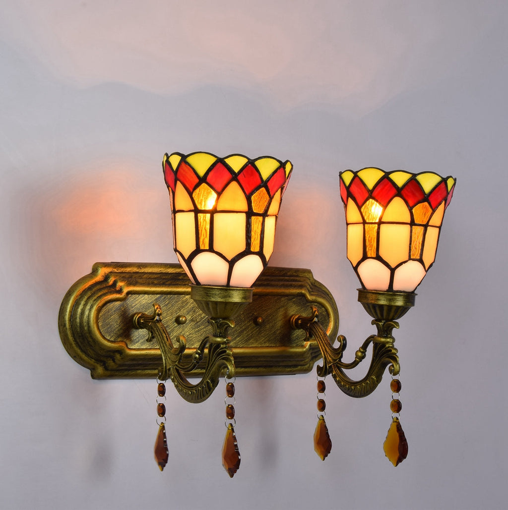 Double Tiffany Style Wall Sconce in Aged Bronze