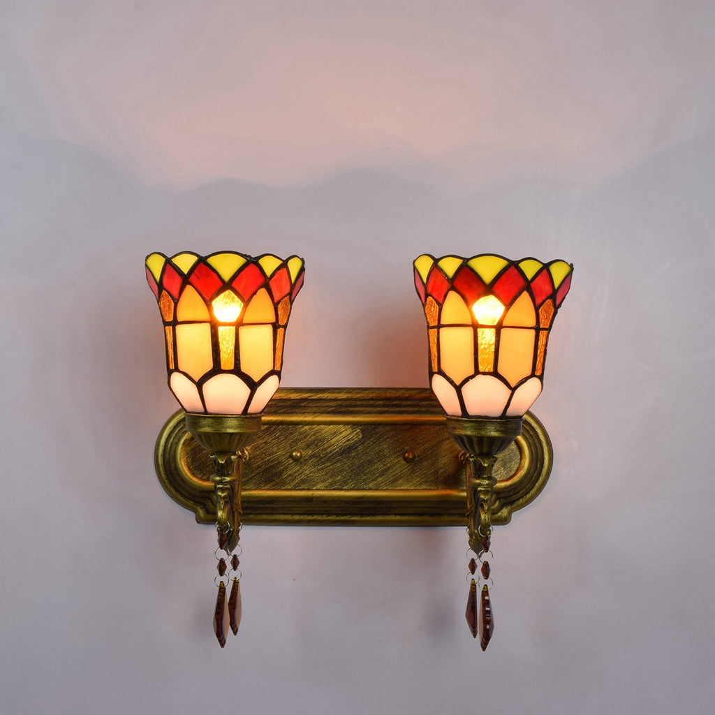 Double Tiffany Style Wall Sconce in Aged Bronze