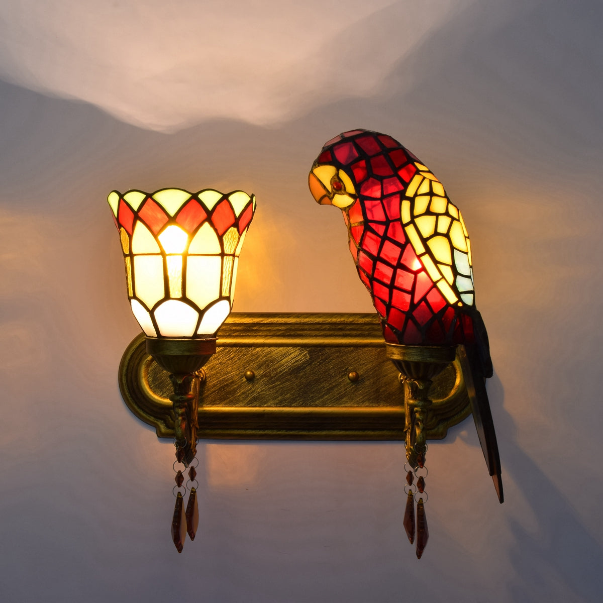 Tiffany Style Tinted Glass Parrot Wall Sconce