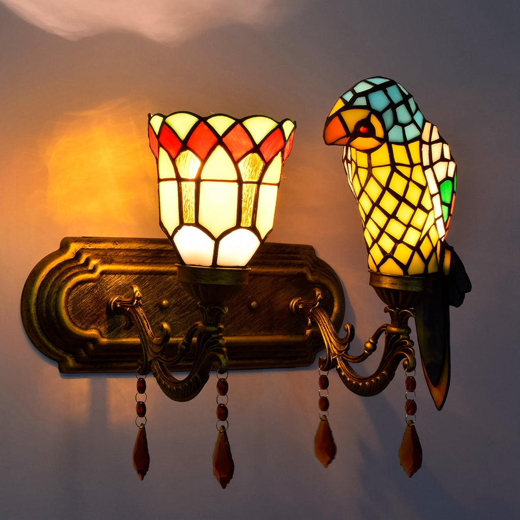 Stained Glass Parrot Wall Sconce and Floral Lampshade