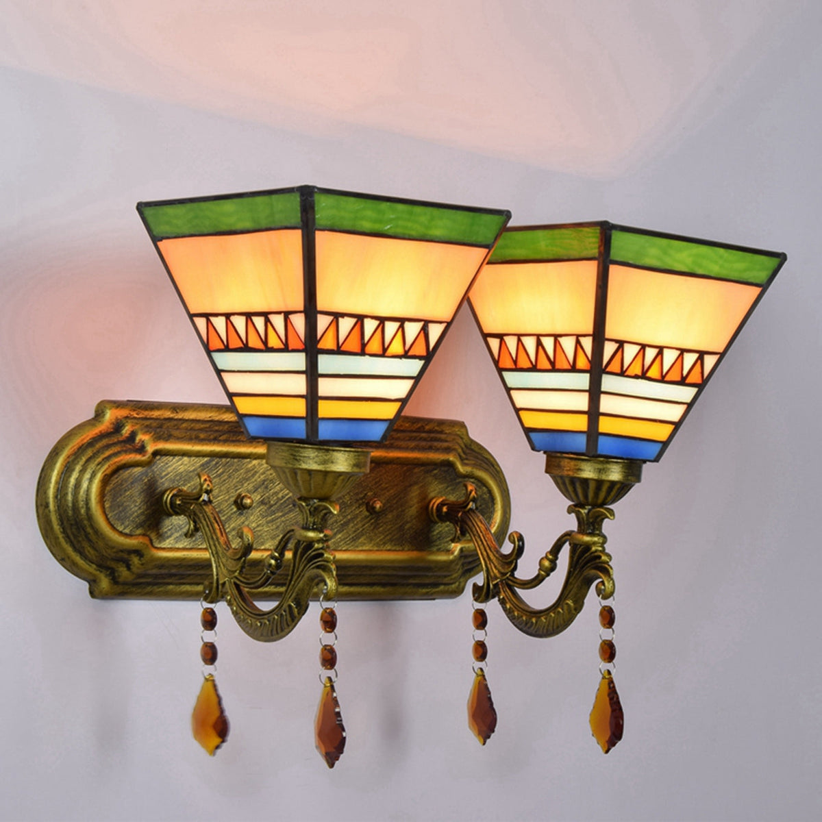 Art Deco Geometric Stained Glass Double Wall Sconce