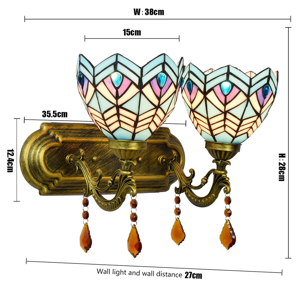 Double Tiffany Style Wall Sconce in Blue and Gold Glass