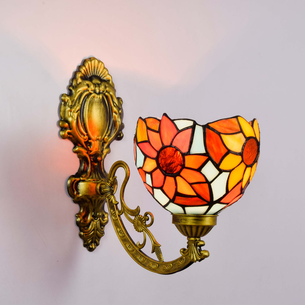 Tiffany Style Wall Sconce in Gold and Floral Stained Glass