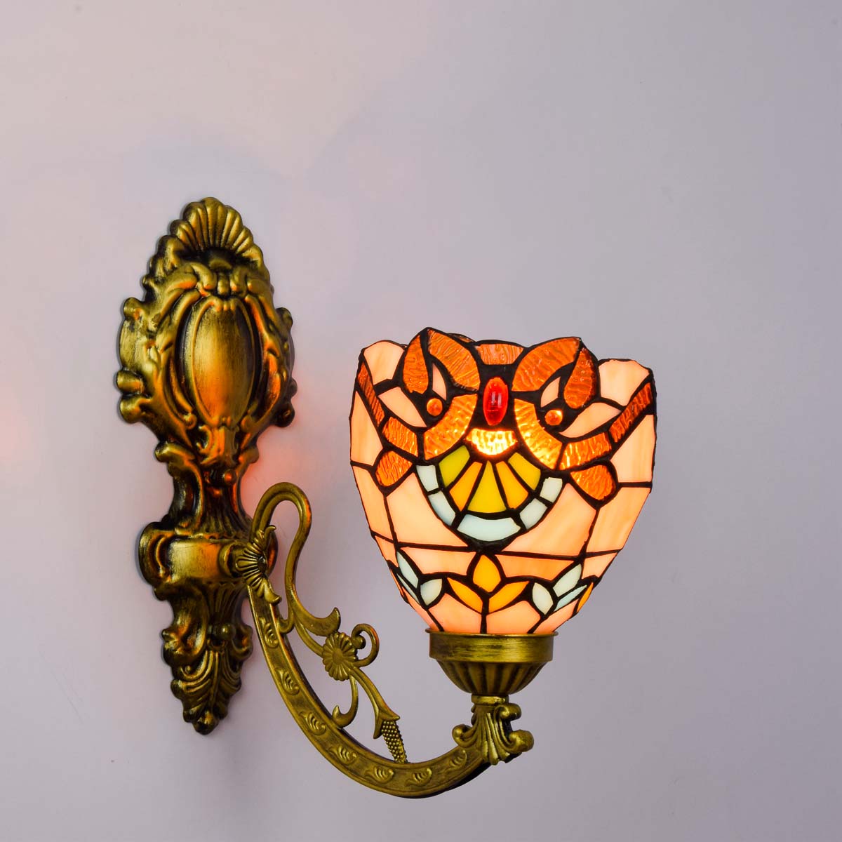 Art Nouveau Wall Sconce in Aged Brass and Stained Glass
