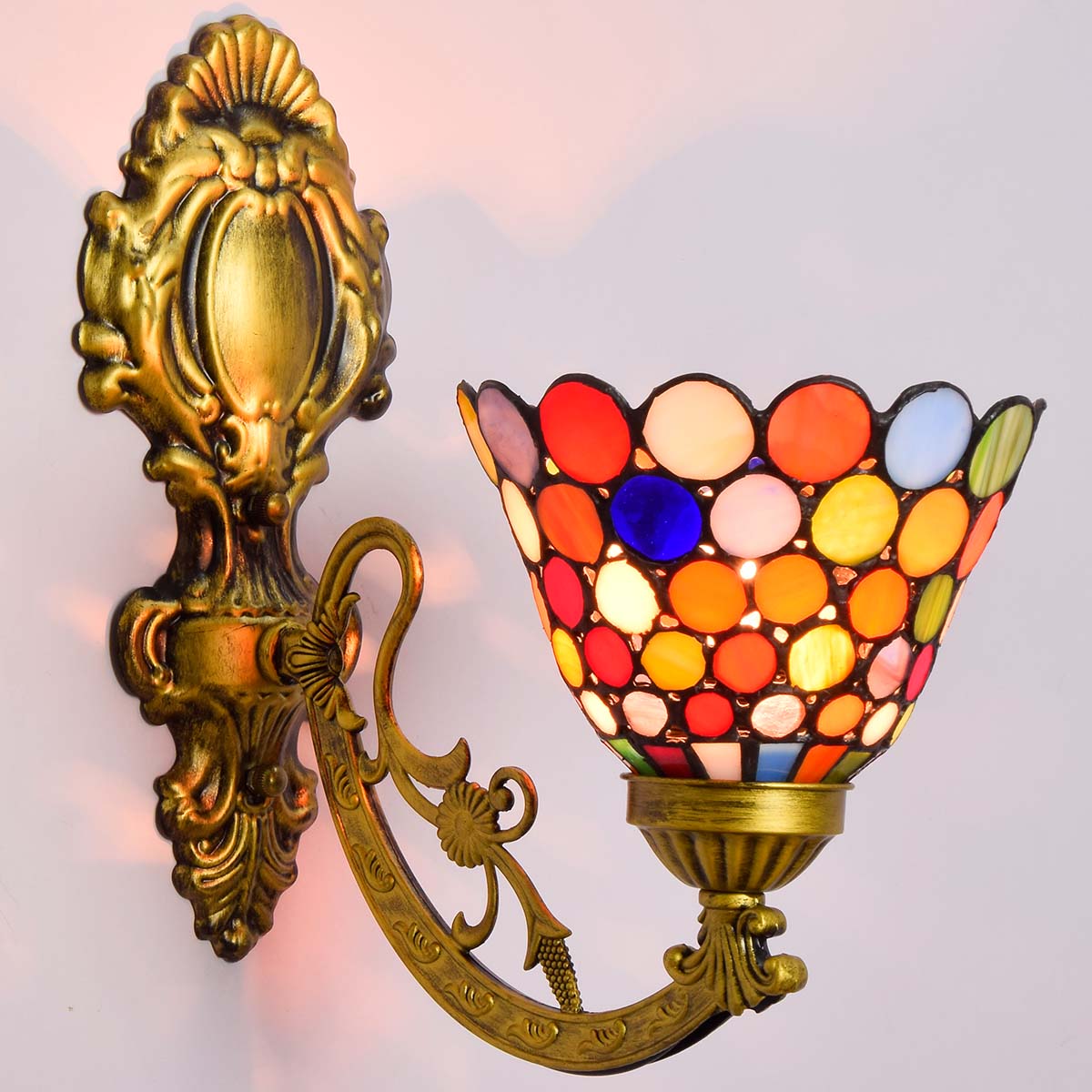 Vintage Wall Sconce in Bronze and Multicolored Stained Glass
