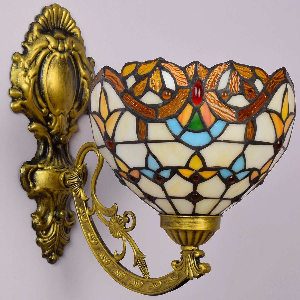 Tiffany Style Wall Sconce in Antique Brass and Stained Glass