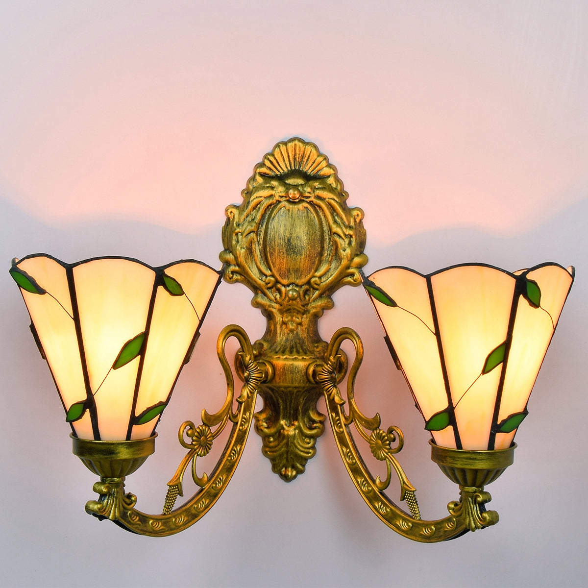 Stained Glass Wall Sconce with Leaf Design and Aged Gilt Brass