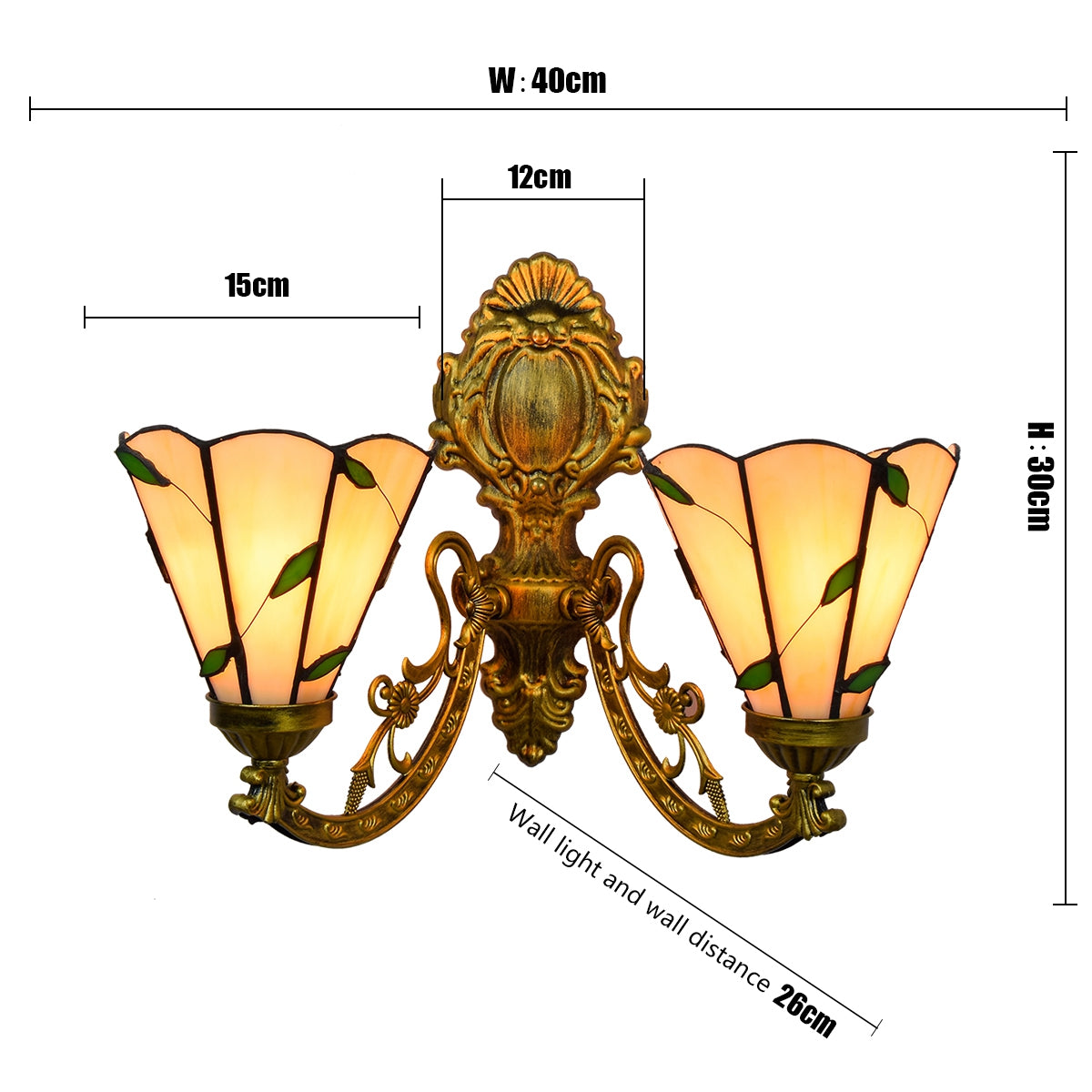 Stained Glass Wall Sconce with Leaf Design and Aged Gilt Brass