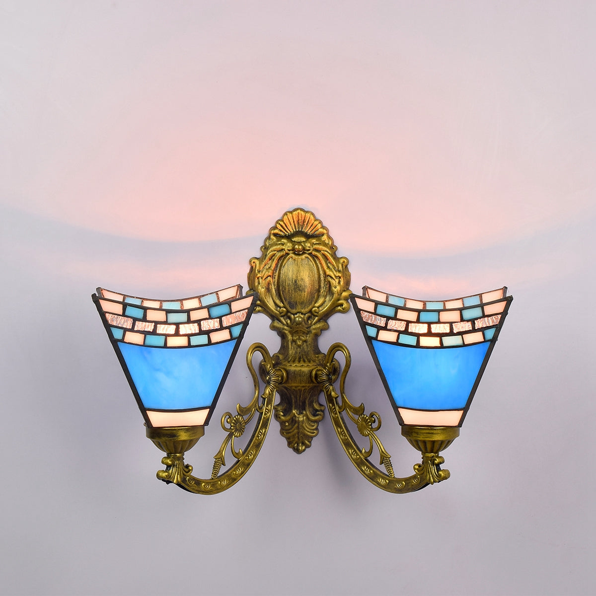 Double Wall Sconce in Brass and Blue Mosaic Glass
