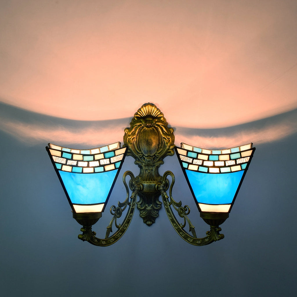 Double Wall Sconce in Brass and Blue Mosaic Glass