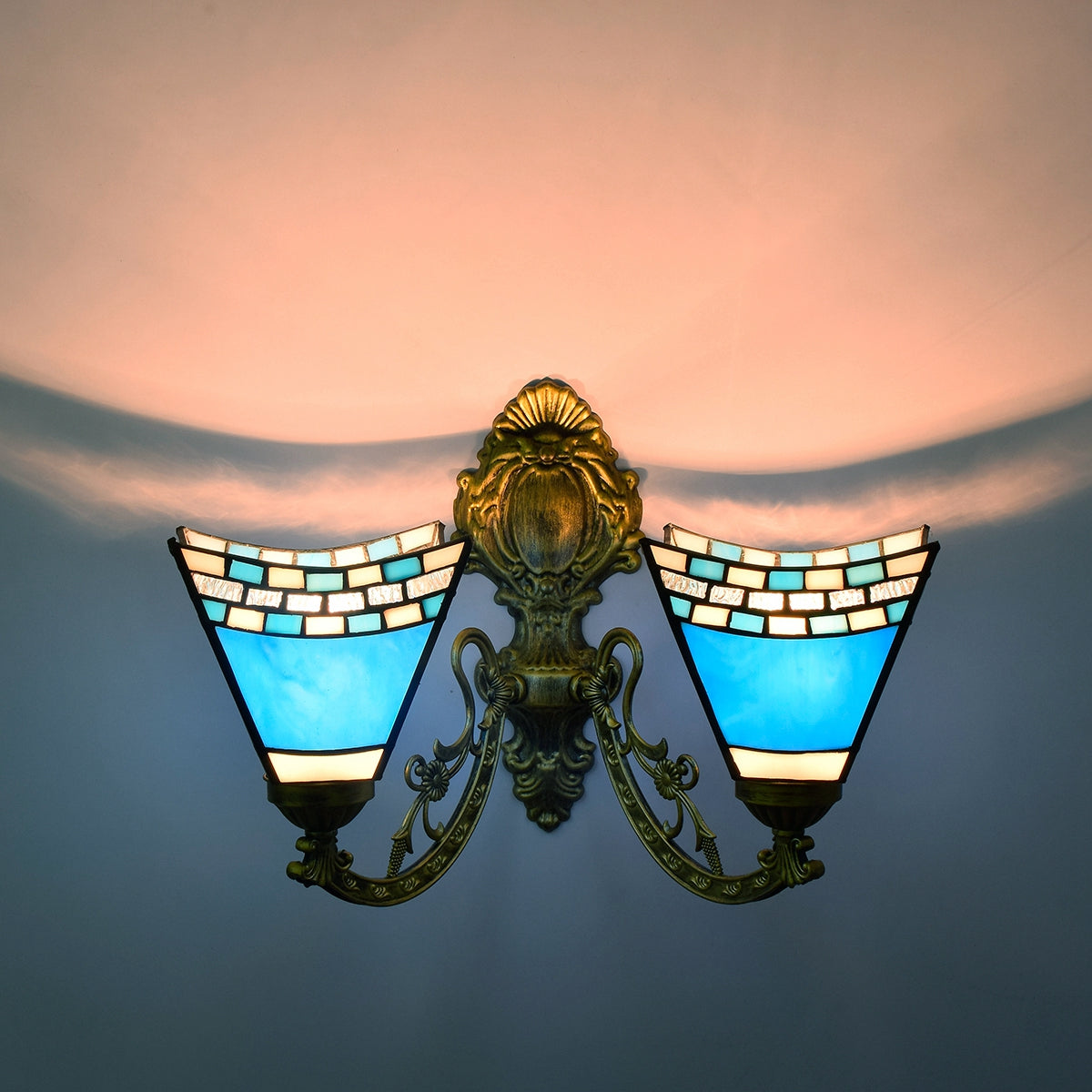 Double Wall Sconce in Brass and Blue Mosaic Glass