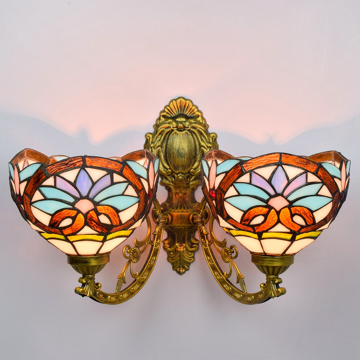 Double Tiffany Stained Glass Wall Sconce with Floral Motif