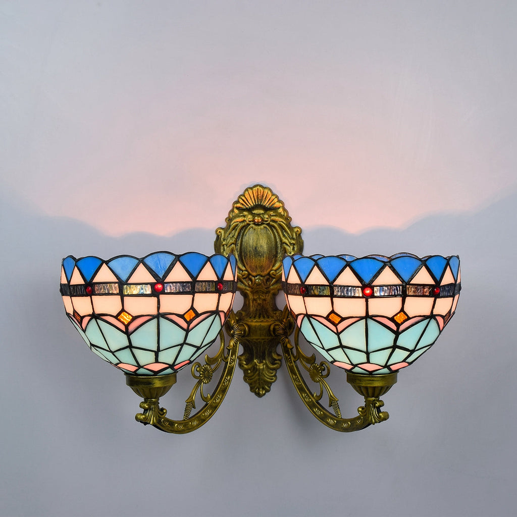 Double Wall Sconce in Blue Stained Glass, Tiffany Style