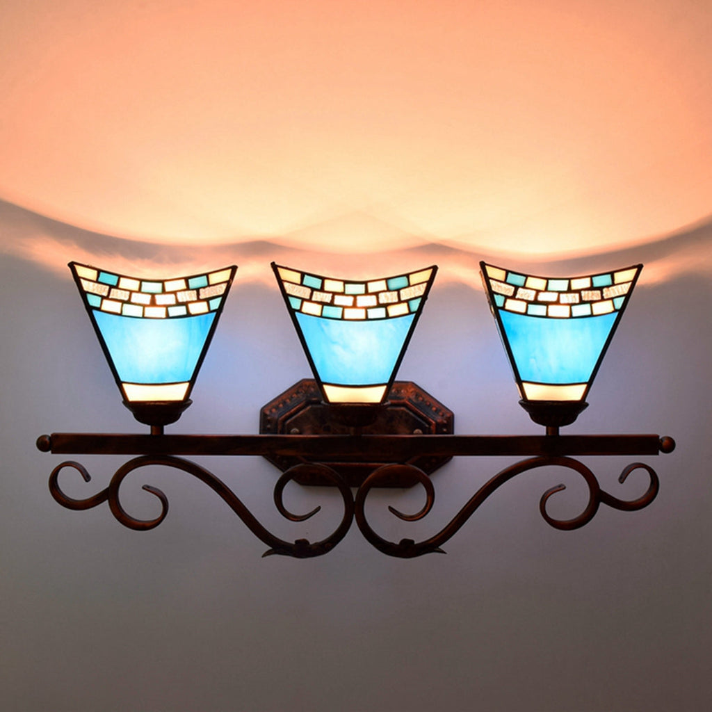 Tiffany Style Blue Stained Glass Triple Wall Sconce