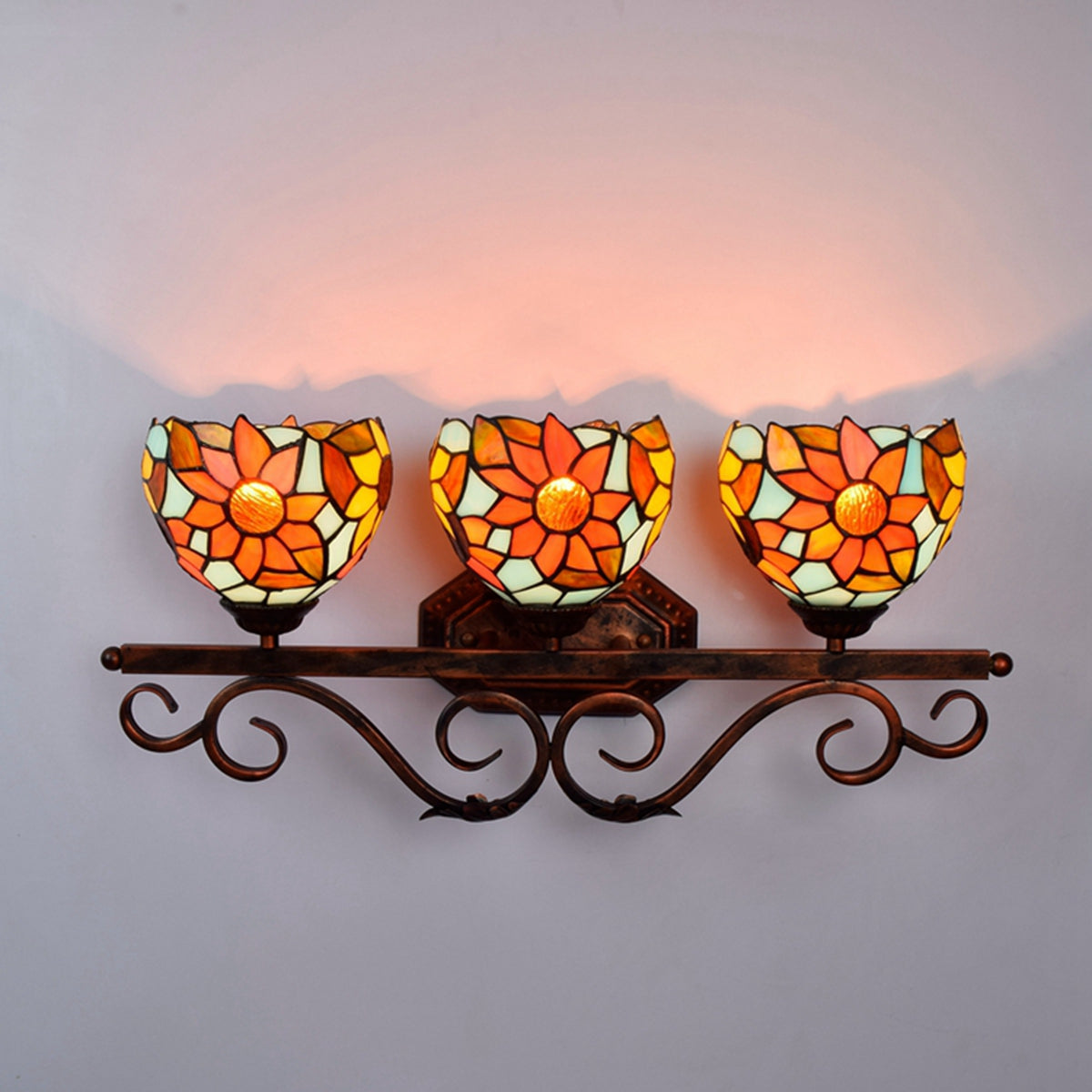 3-Light Floral Stained Glass Wall Sconce in Multicolor