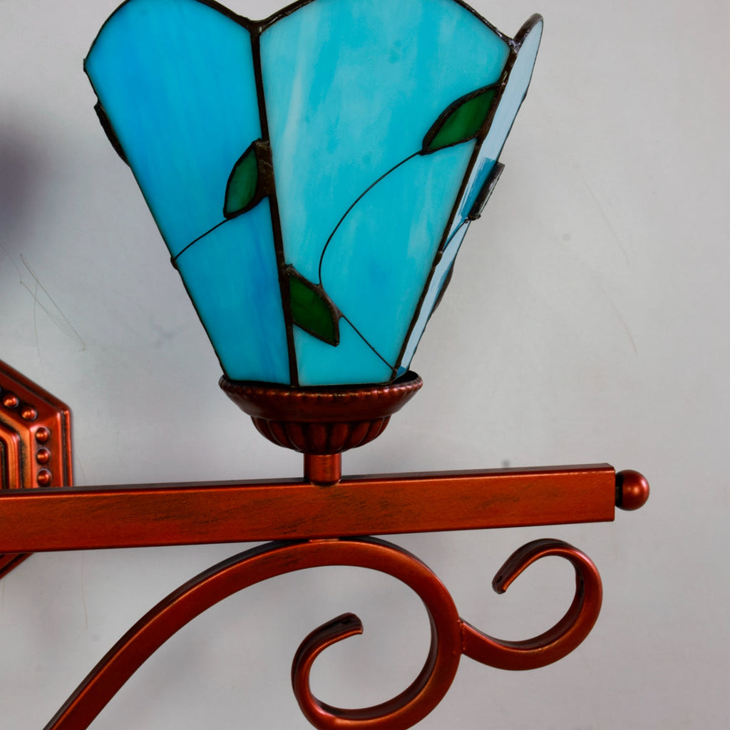 Triple Tiffany Wall Sconce, Blue Glass with Leaf Design