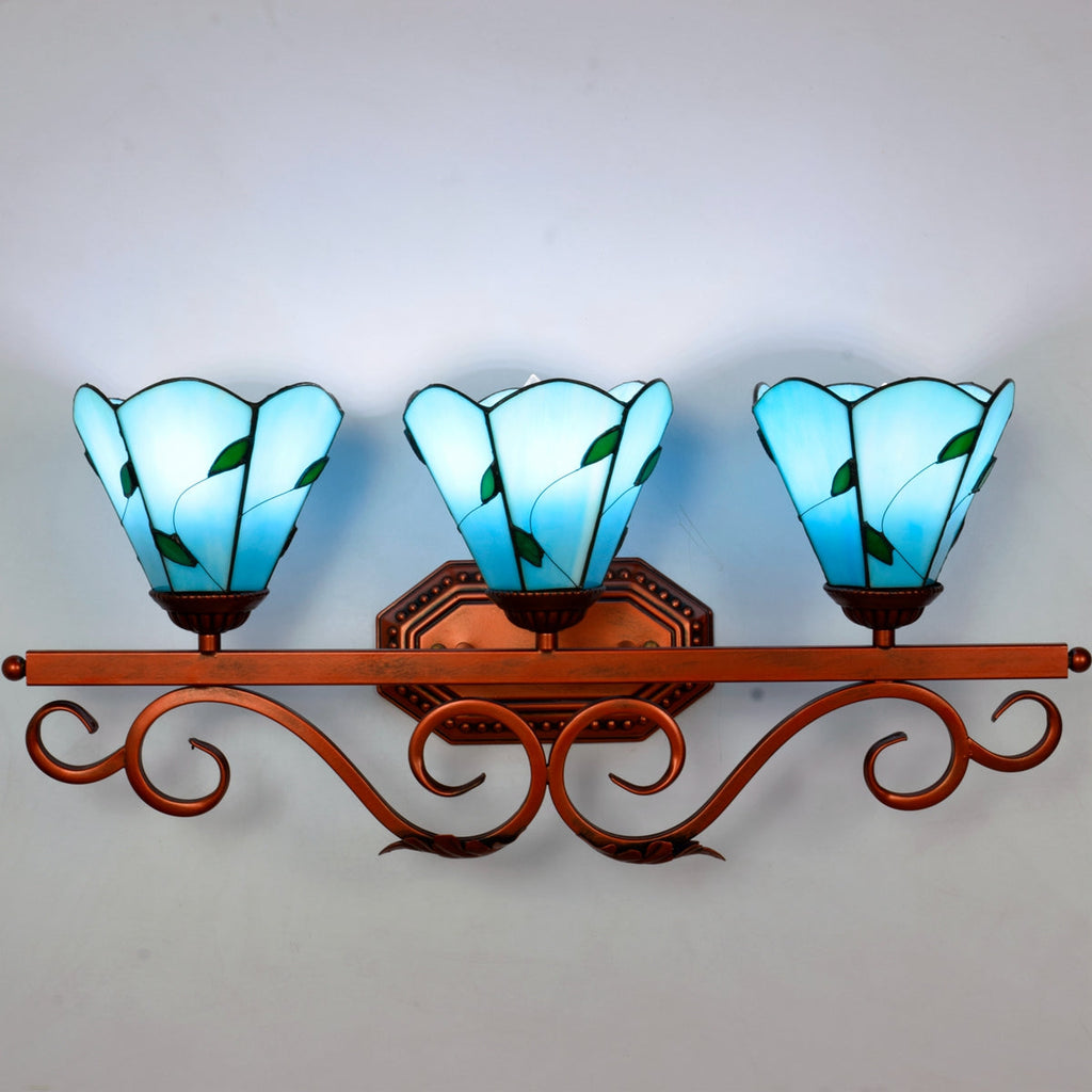 Triple Tiffany Wall Sconce, Blue Glass with Leaf Design