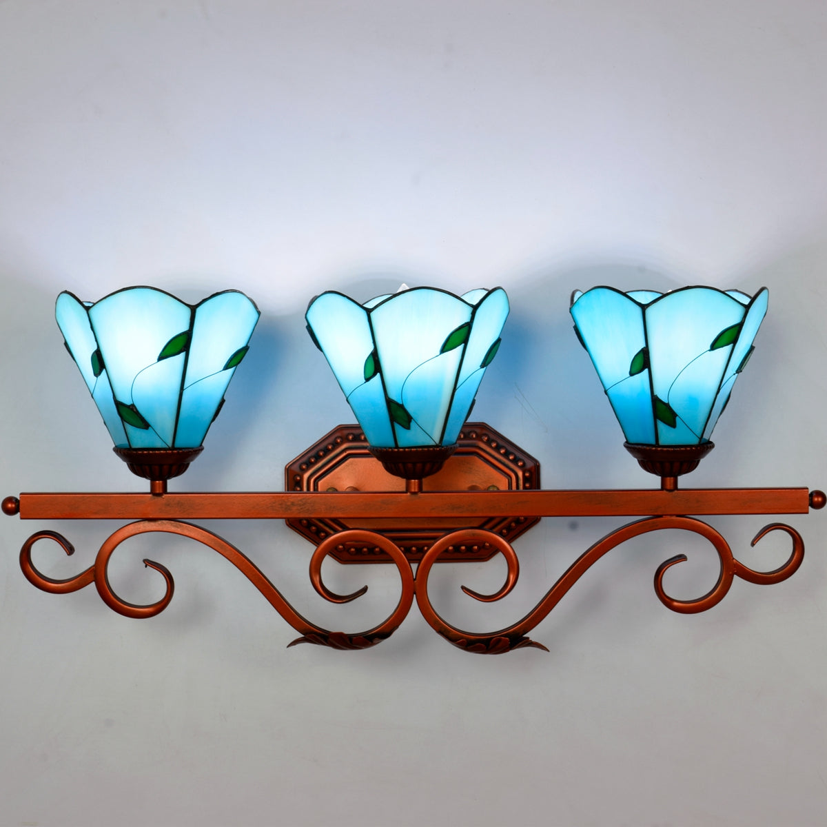 Triple Tiffany Wall Sconce, Blue Glass with Leaf Design
