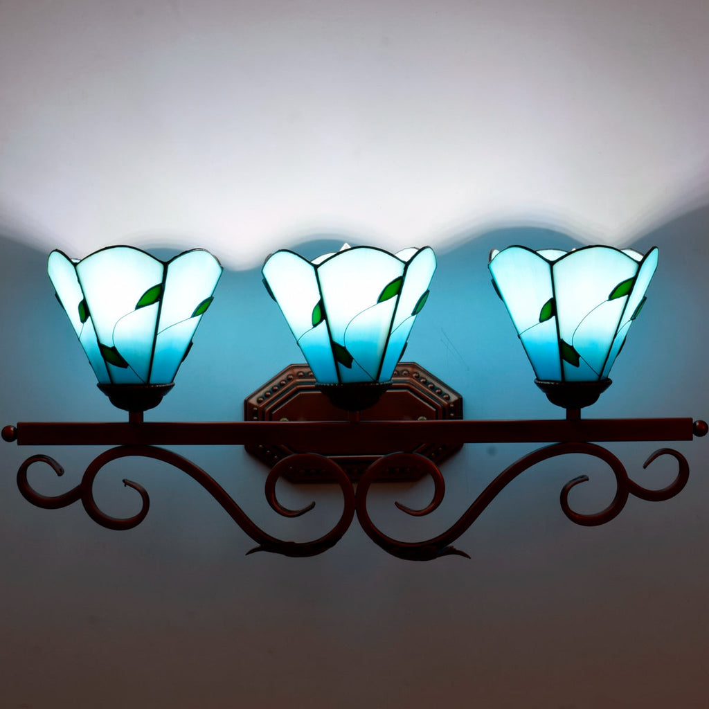 Triple Tiffany Wall Sconce, Blue Glass with Leaf Design