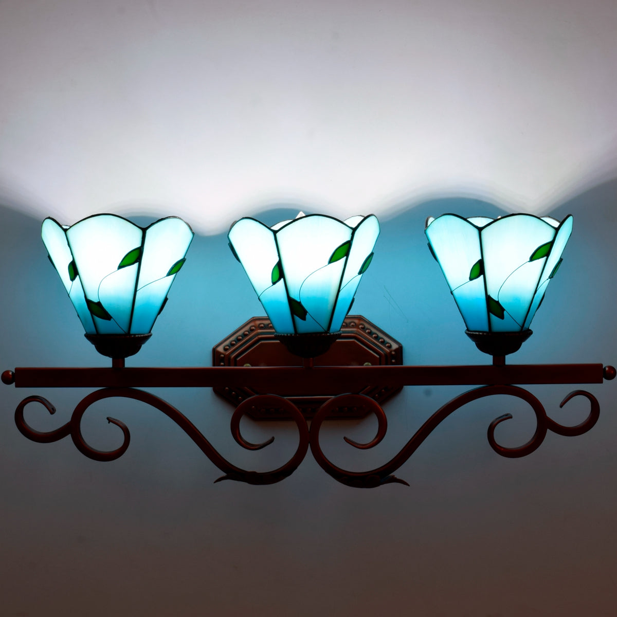 Triple Tiffany Wall Sconce, Blue Glass with Leaf Design