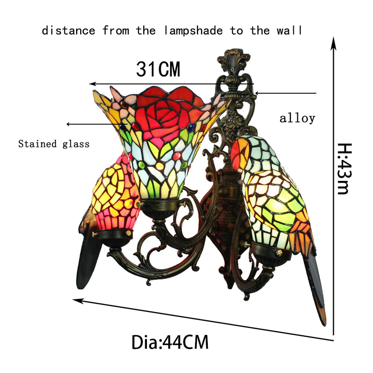 Tiffany Stained Glass Wall Sconce with Parrots and Flowers