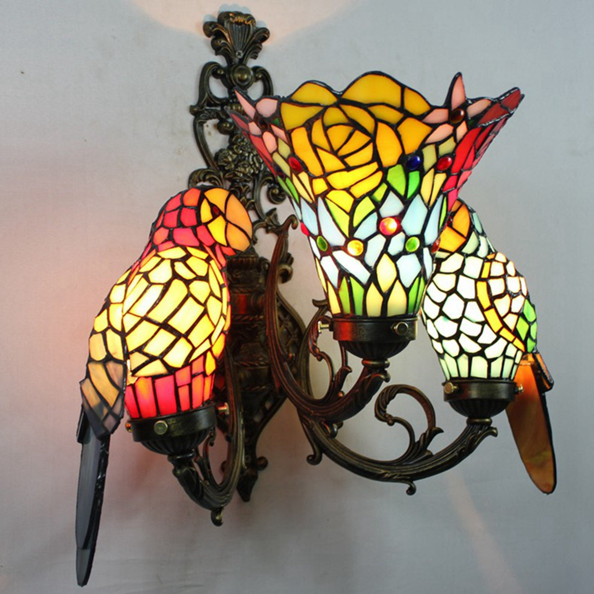 Tiffany Stained Glass Wall Sconce with Parrots and Flowers