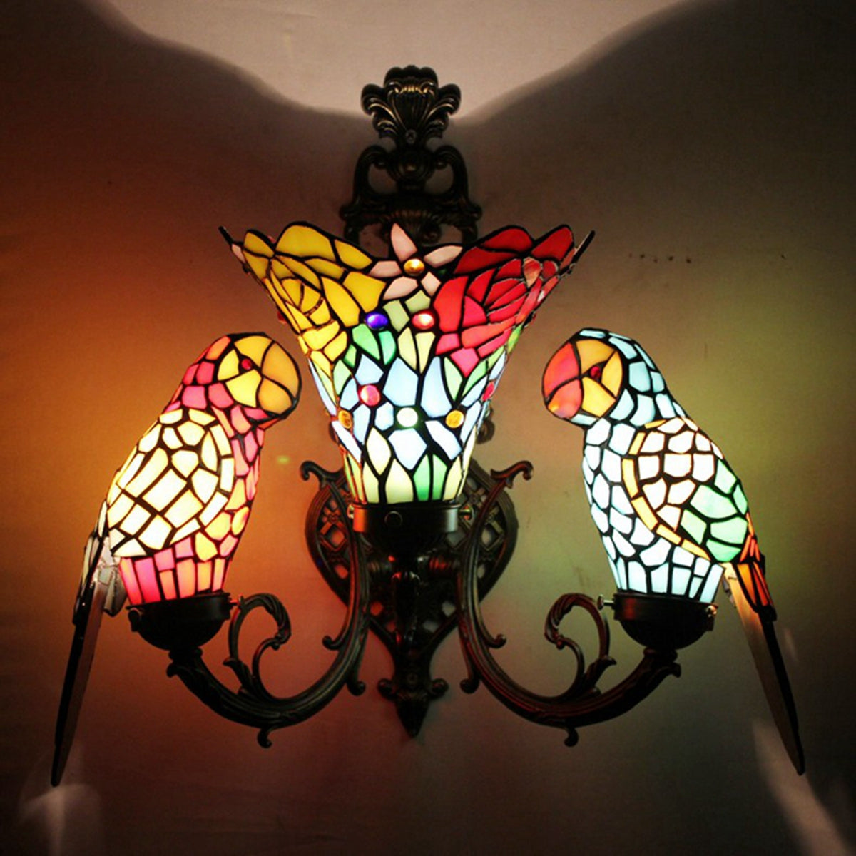 Tiffany Stained Glass Wall Sconce with Parrots and Flowers