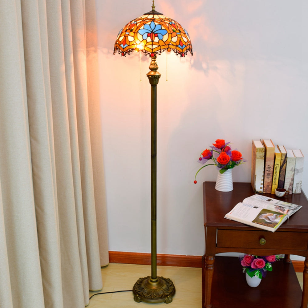Floral Tiffany Stained Glass and Bronze Floor Lamp