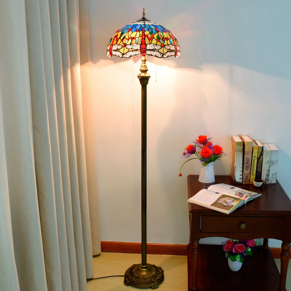 Tiffany Stained Glass Floor Lamp with Dragonfly Motif in Bronze
