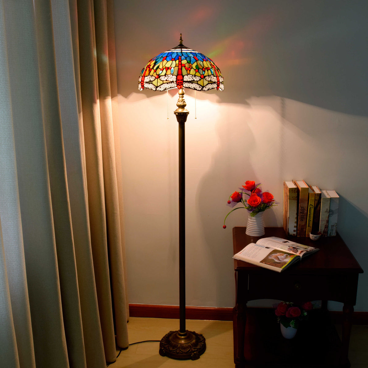 Tiffany Stained Glass Floor Lamp with Dragonfly Motif in Bronze