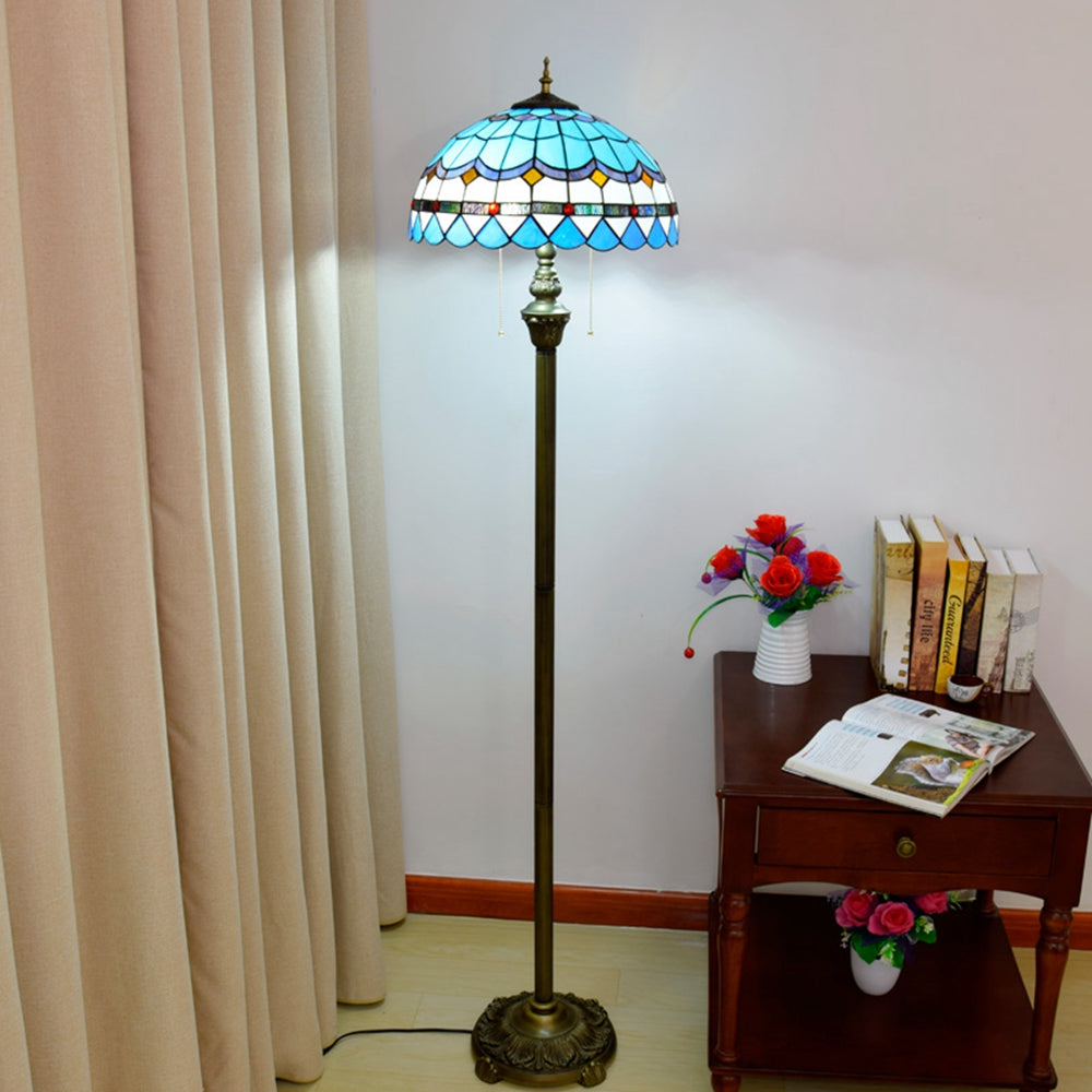 Tiffany Floor Lamp in Blue Stained Glass and Antique Bronze