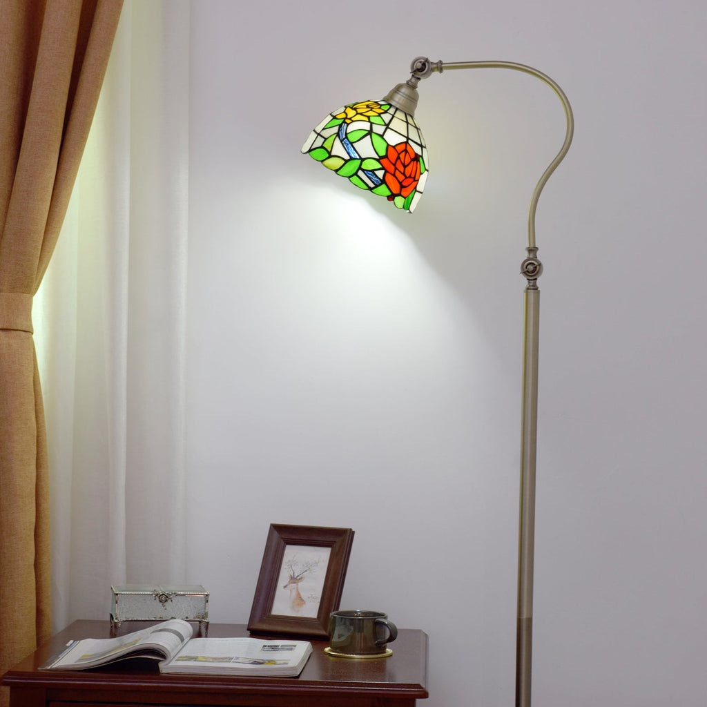 Antique Brass Floor Lamp with Floral Stained Glass, Tiffany Style