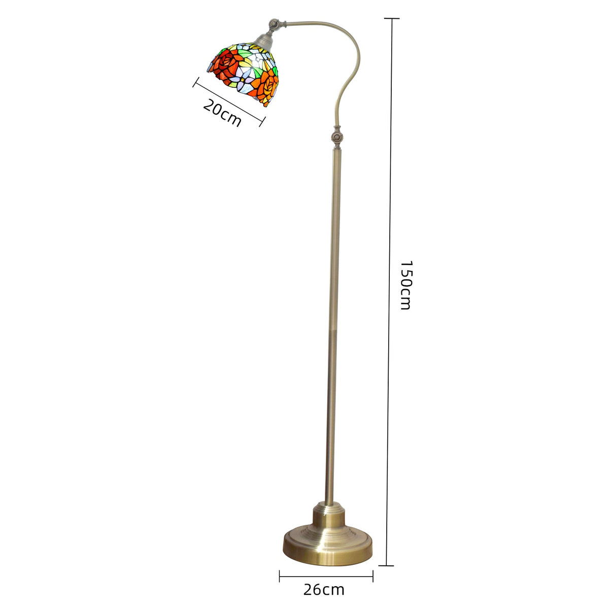 Antique Brass Arc Floor Lamp with Floral Tinted Glass Shade