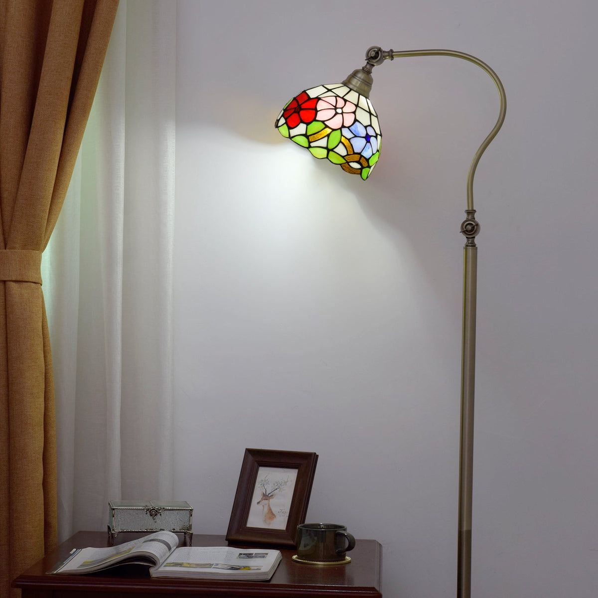 Antique Brass Floor Lamp with Floral Stained Glass Shade